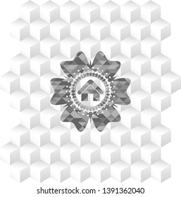 home icon inside grey badge with geometric cube white background