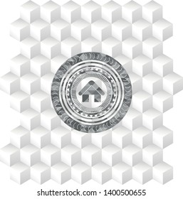 home icon inside grey badge with geometric cube white background