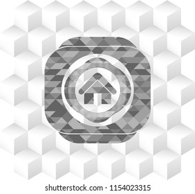home icon inside grey icon or emblem with geometric cube white background