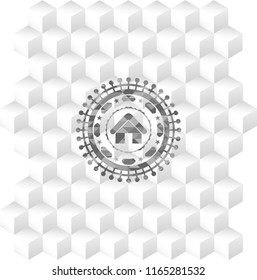 home icon inside grey emblem with cube white background