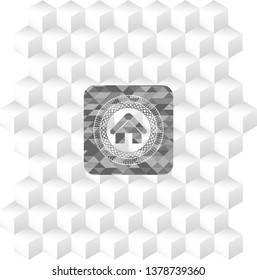 home icon inside grey emblem. Vintage with geometric cube white background