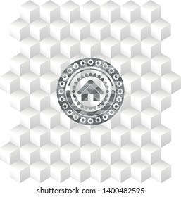 home icon inside grey icon or emblem with geometric cube white background