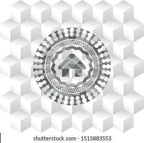 home icon inside grey icon or emblem with geometric cube white background