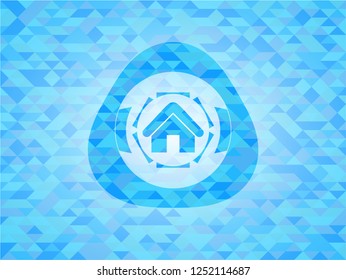 home icon inside light blue emblem with mosaic ecological style background