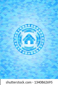 home icon inside light blue emblem with mosaic background