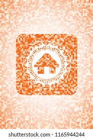 home icon inside orange tile background illustration. Square geometric mosaic seamless pattern with emblem inside.