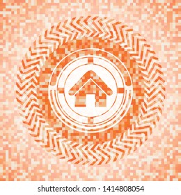 home icon inside orange tile background illustration. Square geometric mosaic seamless pattern with emblem inside.