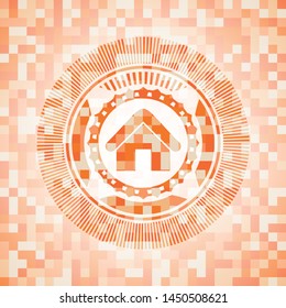home icon inside orange tile background illustration. Square geometric mosaic seamless pattern with emblem inside.