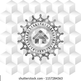 home icon inside realistic grey emblem with geometric cube white background