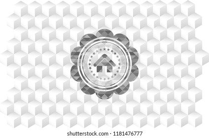 home icon inside realistic grey emblem with cube white background
