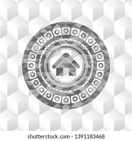 home icon inside realistic grey emblem with geometric cube white background