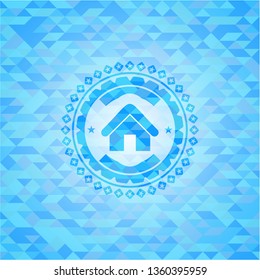home icon inside realistic light blue mosaic emblem