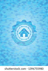 home icon inside realistic light blue emblem. Mosaic background