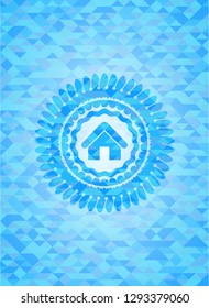 home icon inside realistic sky blue emblem. Mosaic background