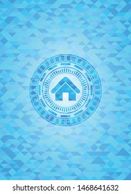 home icon inside realistic sky blue emblem. Mosaic background
