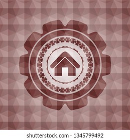 home icon inside red emblem with geometric pattern. Seamless.
