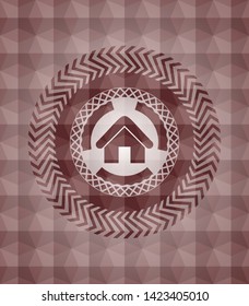 home icon inside red emblem or badge with geometric pattern background. Seamless.