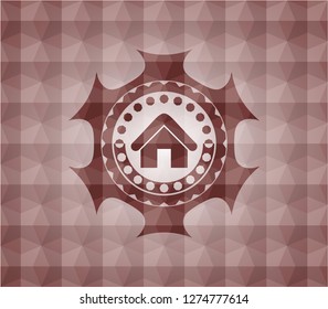 home icon inside red geometric pattern emblem. Seamless.