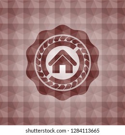 home icon inside red seamless geometric pattern emblem. Seamless.