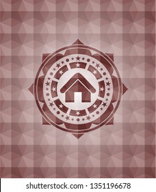 home icon inside red seamless geometric pattern emblem. Seamless.