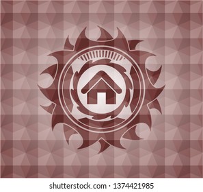 home icon inside red seamless emblem with geometric pattern background.