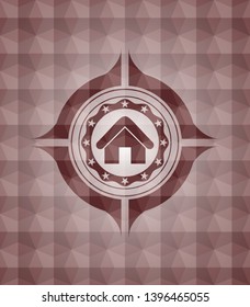 home icon inside red seamless badge with geometric pattern background.