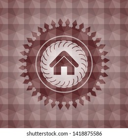 home icon inside red seamless emblem or badge with geometric pattern background.