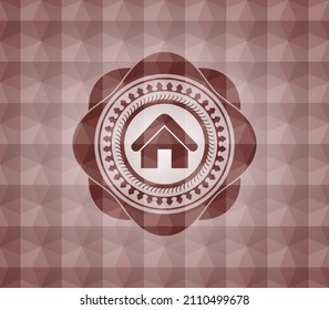 home icon inside red seamless geometric pattern emblem. Seamless. 