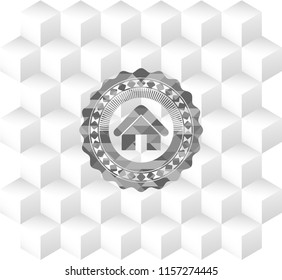 home icon inside retro style grey emblem with geometric cube white background
