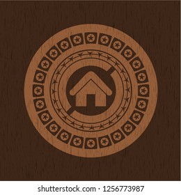 home icon inside retro style wood emblem