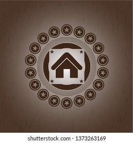 home icon inside retro style wooden emblem