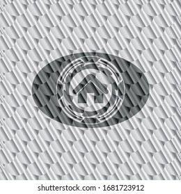 home icon inside silver badge. Scales pattern. Vector Illustration. Detailed.