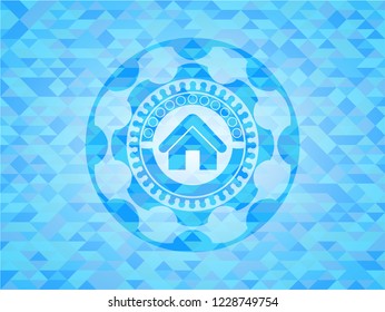 home icon inside sky blue emblem with triangle mosaic background