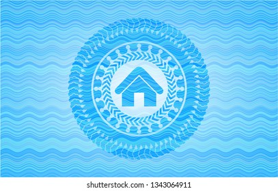 home icon inside sky blue water wave badge.