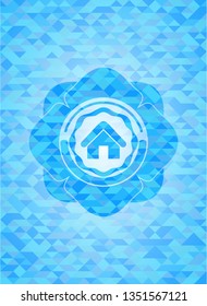 home icon inside sky blue emblem. Mosaic background