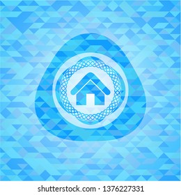 home icon inside sky blue emblem with triangle mosaic background