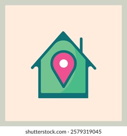 Home icon with a location marker inside a simplified house design concept image