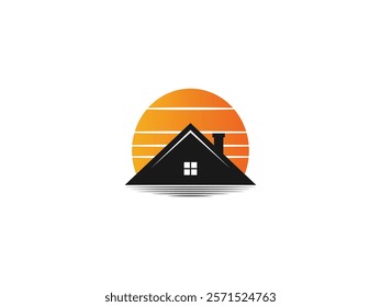 Home Icon Logo: Simple House Vector with Sunrays for Landscape Design, Real Estate Logo, T-shirt Design, Branding. Perfect for Architecture, Graphic Design. Calm Sunrise or Sunset Concept Home Logo.