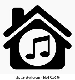 Home icon and musical notes. The musical house. The conservatory. Theater. Musical illustration. Disco. Dance party. Vector icon.