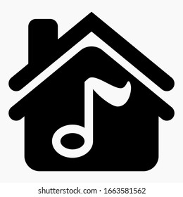 Home icon and musical notes. The musical house. The conservatory. Theater. Musical illustration. Disco. Dance party. Vector icon.
