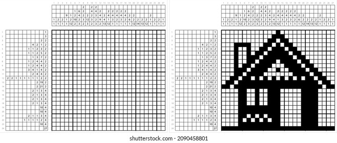 Home Icon Nonogram Pixel Art, Logic Puzzle Game Griddlers, Pic-A-Pix, Picture Paint By Numbers, Picross, House, Residence, Villa, Realty Icon Vector Art Illustration