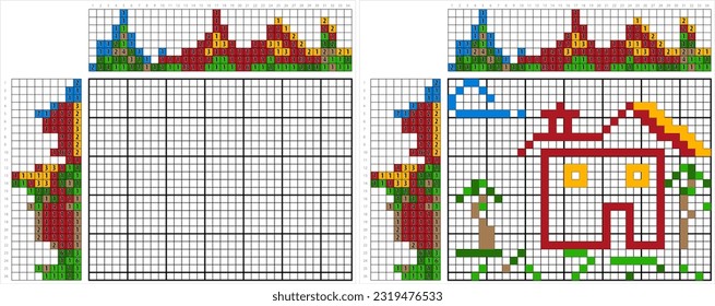 Home Icon Nonogram Pixel Art, House, Residence, Villa, Realty Icon Vector Art Illustration, Logic Puzzle Game Griddlers, Pic-A-Pix, Picture Paint By Numbers, Picross