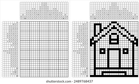 Startseite Icon Nonogram Pixel Art, Haus, Residenz, Villa, Immobilien Icon Vektorgrafik Illustration, Logic Puzzle Game Griddlers, Pic-a-Pix, Bildbemalung nach Zahlen, Picross