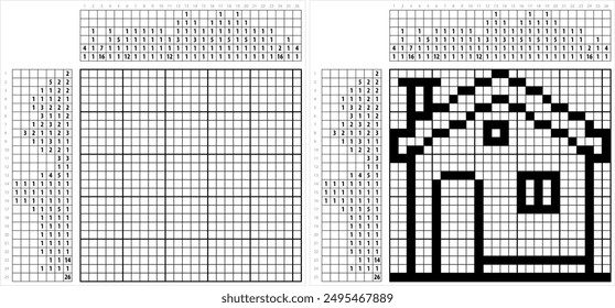 Startseite Icon Nonogram Pixel Art, Haus, Residenz, Villa, Immobilien Icon Vektorgrafik Illustration, Logic Puzzle Game Griddlers, Pic-a-Pix, Bildbemalung nach Zahlen, Picross