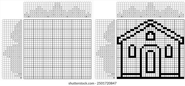 Icono del hogar Nonogram Pixel Art, Casa, Residencia, Villa, Icono de la realidad Ilustración de Arte vectorial, Puzzle de lógica Juego Griddlers, Pic-A-Pix, Pintura de imágenes por números, Picross