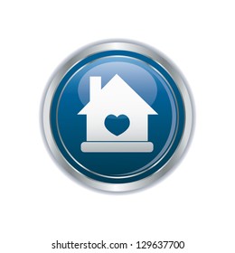 Home icon on the blue with silver button. Vector illustration