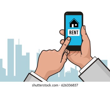 Home icon on smartphone screen. Hand hold smartphone, finger touch screen. Rent apartments, homes app. Modern concept for web banner, web sites, infographics. Creative flat design vector illustration.