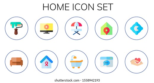 home icon set. 10 flat home icons.  Collection Of - roller, couch, monitor, table, bathtub, browser, pillow, care icons