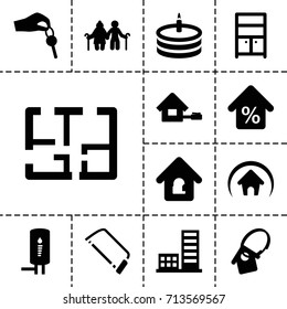 Home icon. set of 13 filled home icons such as wardrobe, hacksaw, cake, mortgage, plan, hand with key, geyser, building
