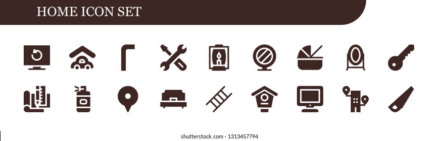 home icon set. 18 filled home icons.  Collection Of - Television, Garage, Allen keys, Repair, Lamp, Mirror, Cradle, Key, Plan, Spray bottle, Location, Single bed, Ladder, Bird house